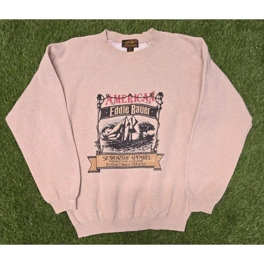 VTG Eddie‎ Bauer Sweatshirt Mens L Seaworthy Apparel Sailboat Graphic 90s Raglan